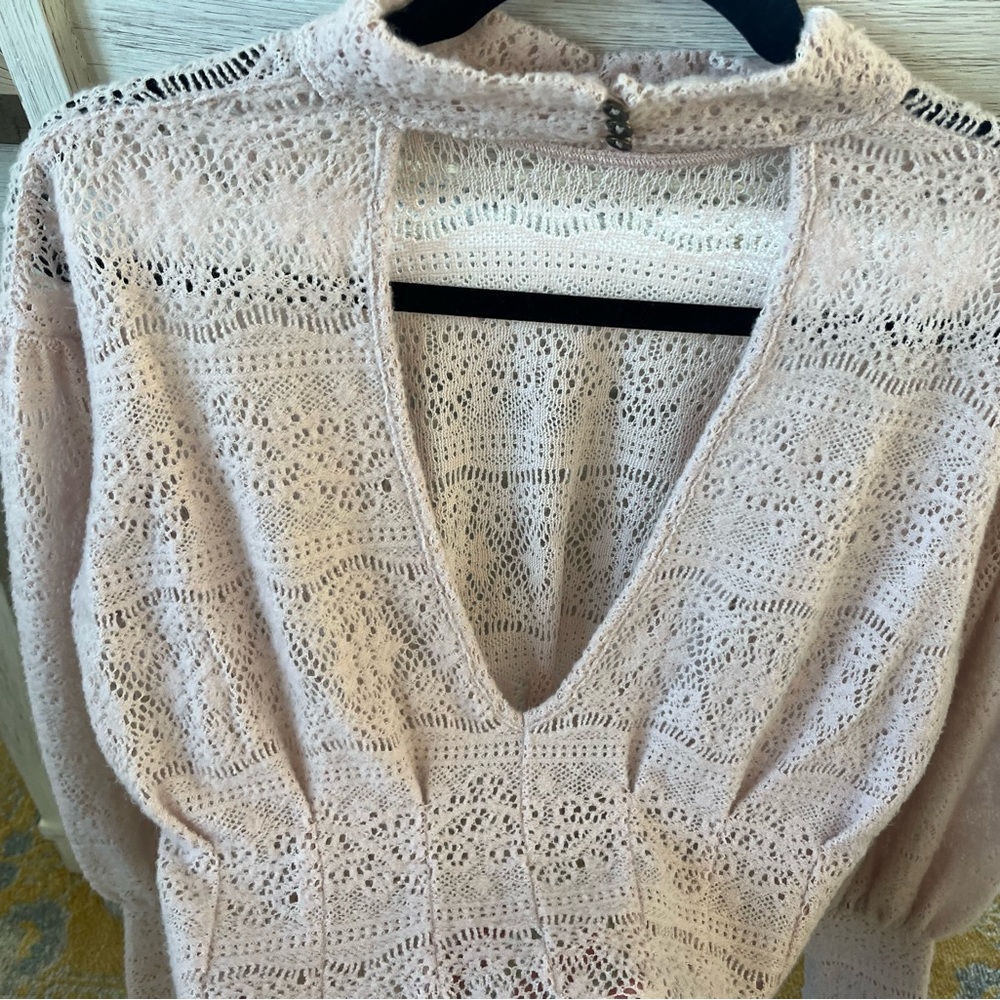 Free People - Rare - Blush Pink Sheer Lace-Like Sweater w/ Mock Neck & Open Back - Picture 6 of 9